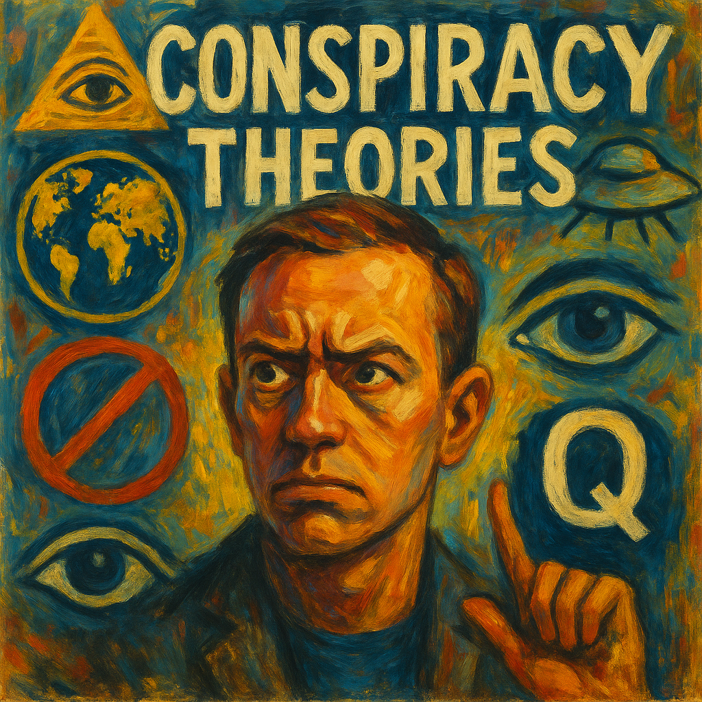 Artistic oil painting illustrating the spread of conspiracy theories through social media and global communication networks