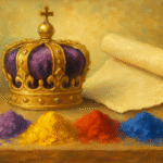 Golden crown with purple velvet and bright pigments of royal blue, red, gold, and purple