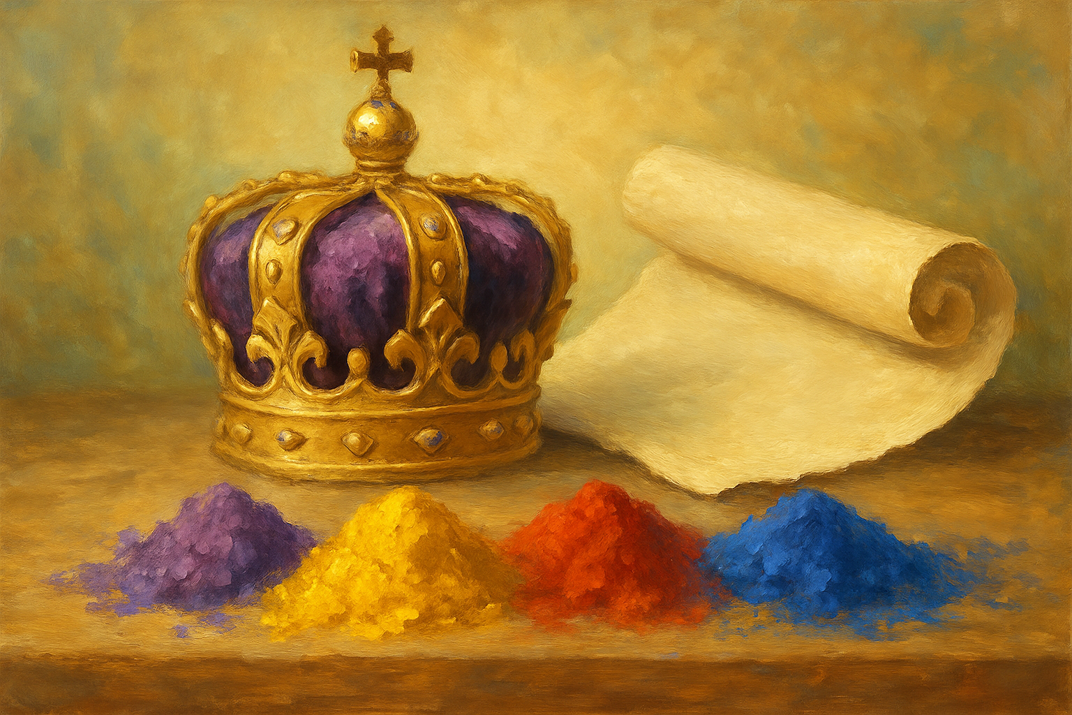 Golden crown with purple velvet and bright pigments of royal blue, red, gold, and purple