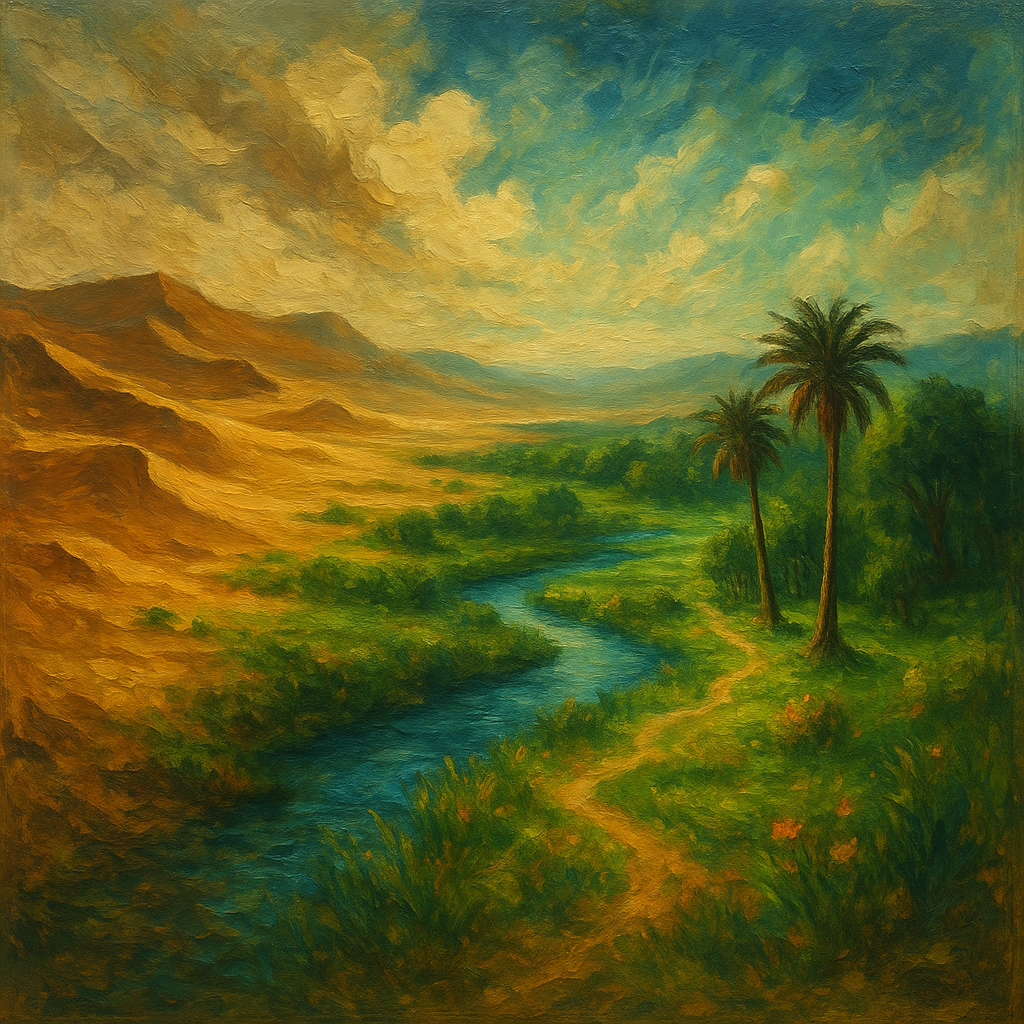 Oil painting of the Sahara Desert landscape transforming with patches of greenery, symbolizing ecological restoration and re-greening efforts.