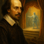 A vertical oil-style painting showing William Shakespeare fading into the background while Hamlet’s ghostly figure disappears, symbolizing a world without Hamlet.