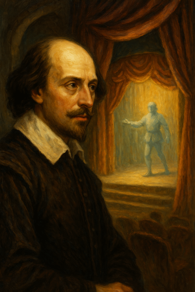 A vertical oil-style painting showing William Shakespeare fading into the background while Hamlet’s ghostly figure disappears, symbolizing a world without Hamlet.
