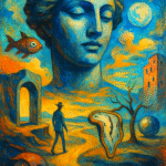 Surreal surrealism painting in 21st-century style showing dreamlike landscapes and abstract figures symbolizing modern unconscious expression.