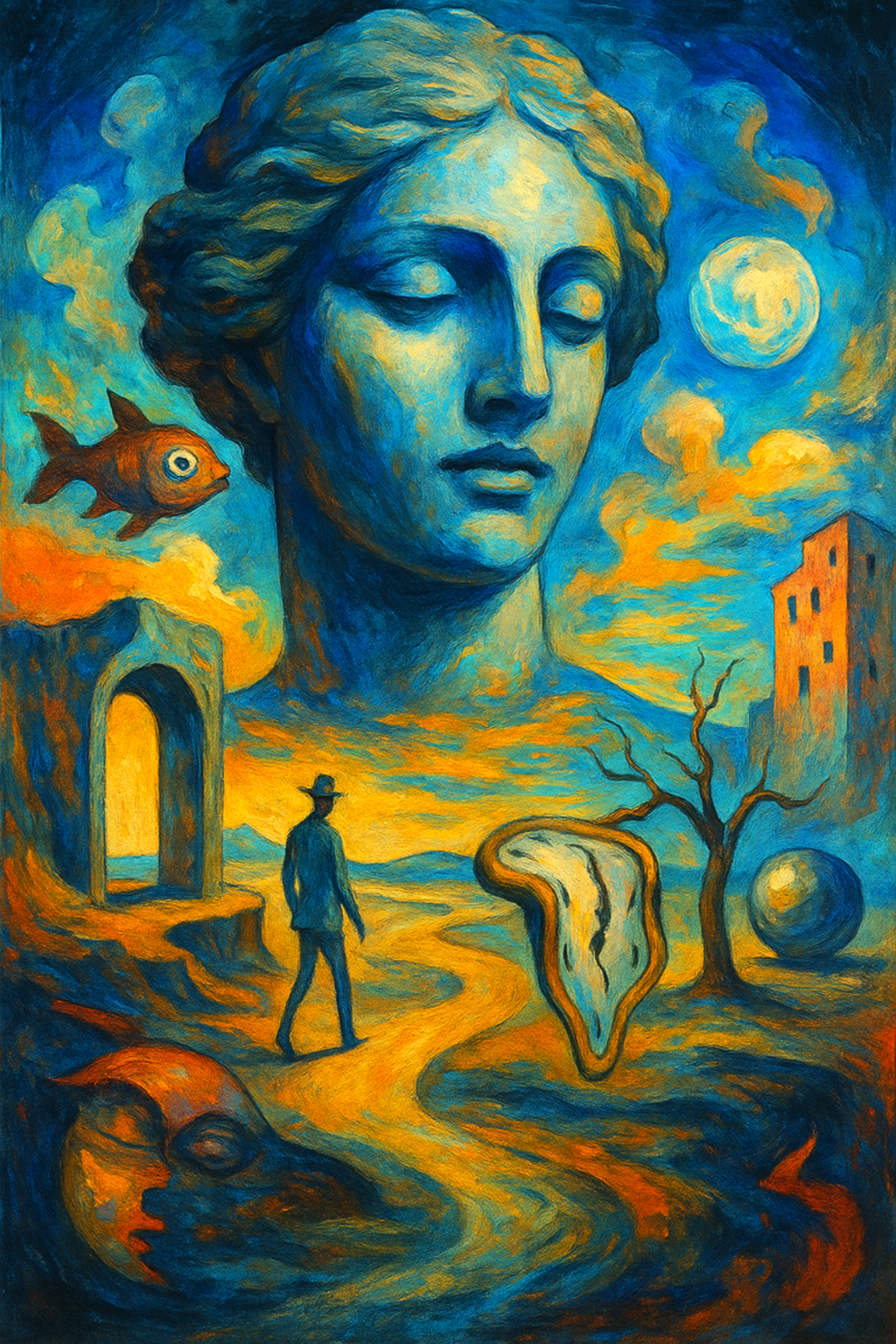 Surreal surrealism painting in 21st-century style showing dreamlike landscapes and abstract figures symbolizing modern unconscious expression.