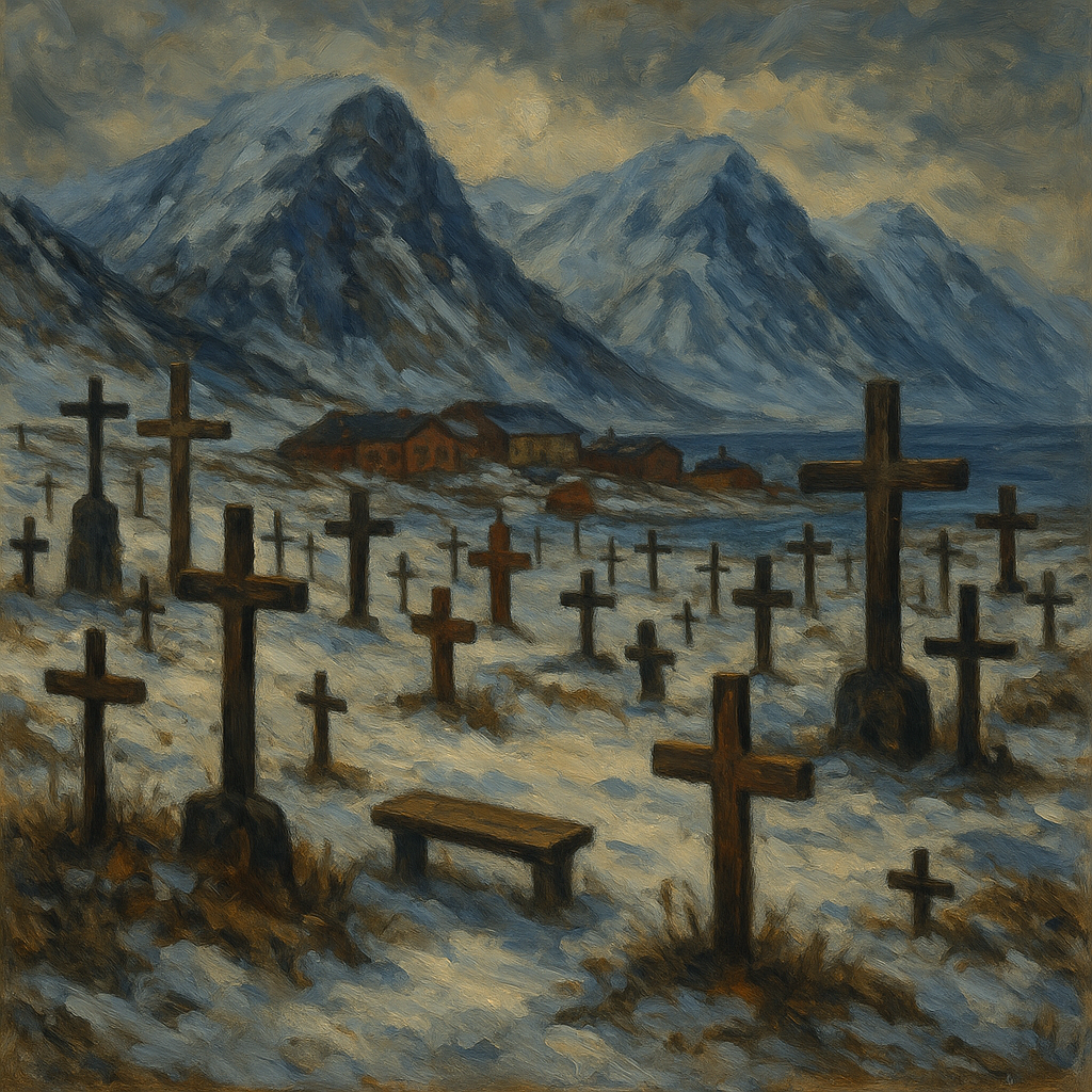 Oil painting of snowy Svalbard landscape with a small cemetery surrounded by mountains and Arctic scenery.