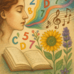 Surrealist painting depicting synesthesia in literature, with colors, letters, and music notes merging to symbolize multisensory perception.