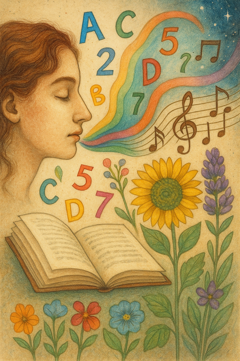 Surrealist painting depicting synesthesia in literature, with colors, letters, and music notes merging to symbolize multisensory perception.