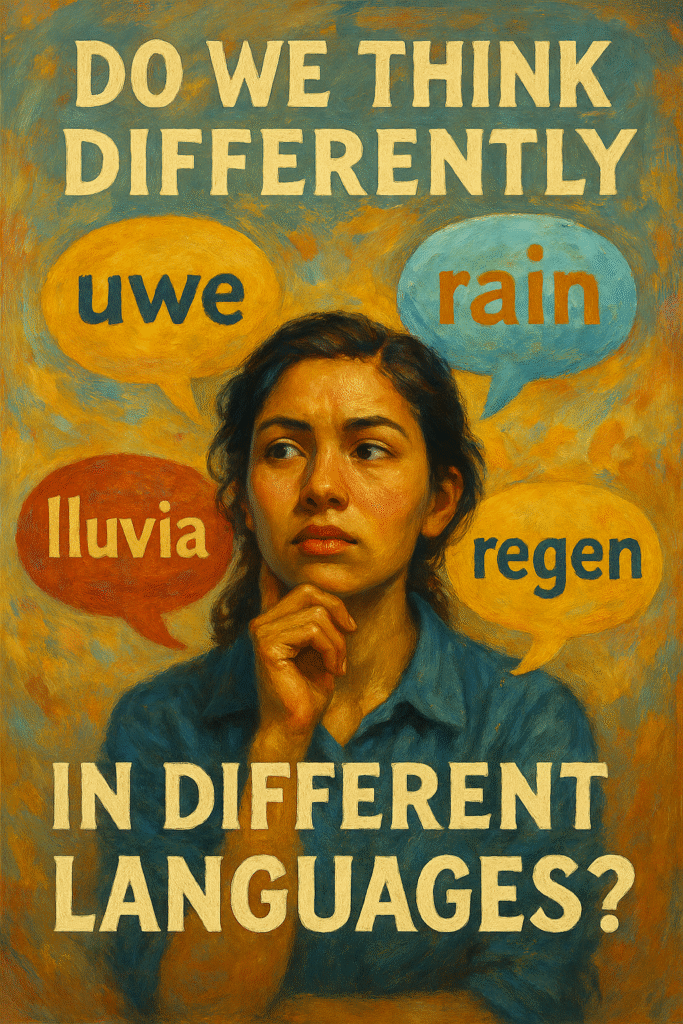 Oil painting illustration symbolizing how thinking changes across different languages, featuring diverse cultural symbols and abstract cognitive connections.