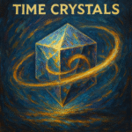 Artistic oil painting of time crystals showing oscillating quantum structures with glowing energy patterns.