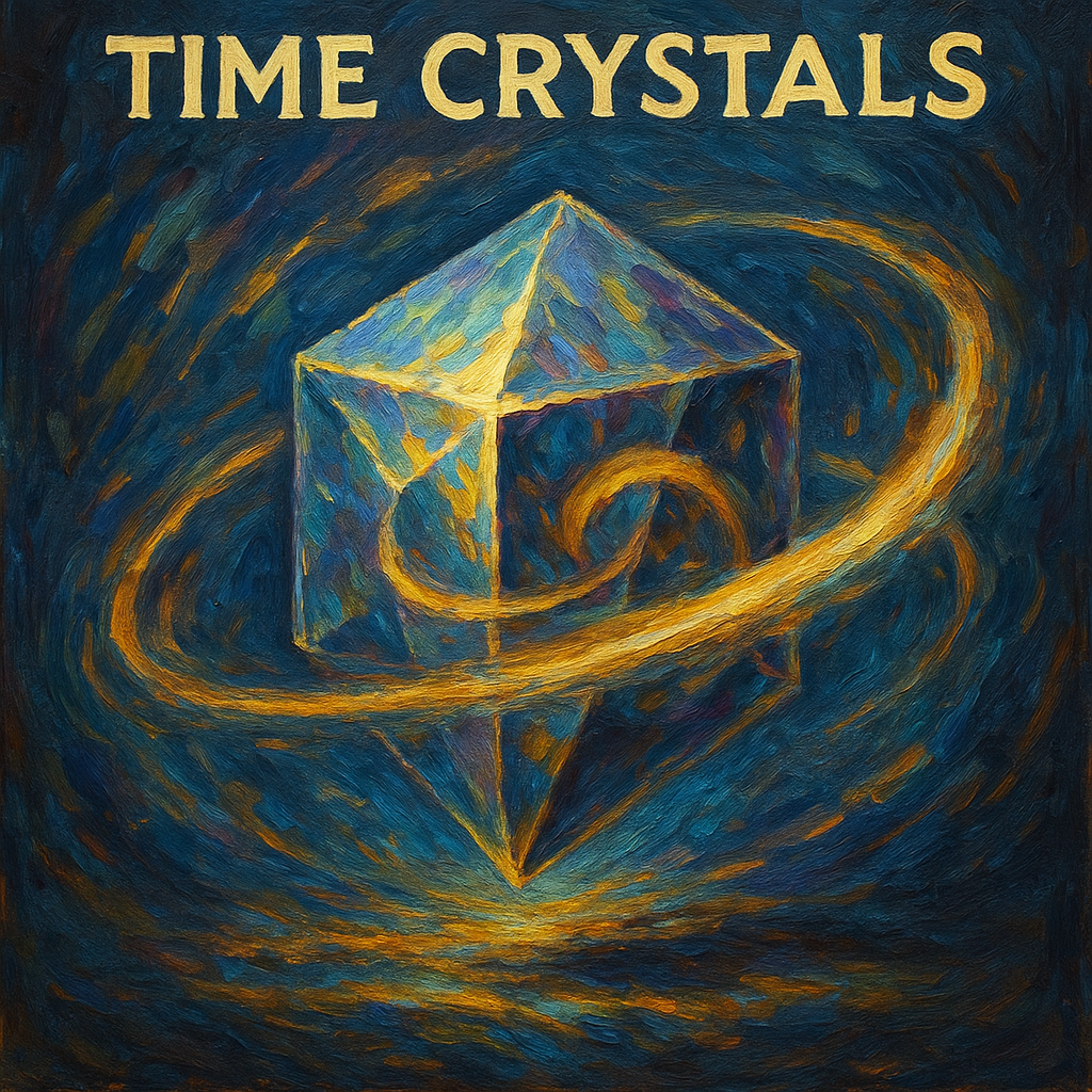 Artistic oil painting of time crystals showing oscillating quantum structures with glowing energy patterns.