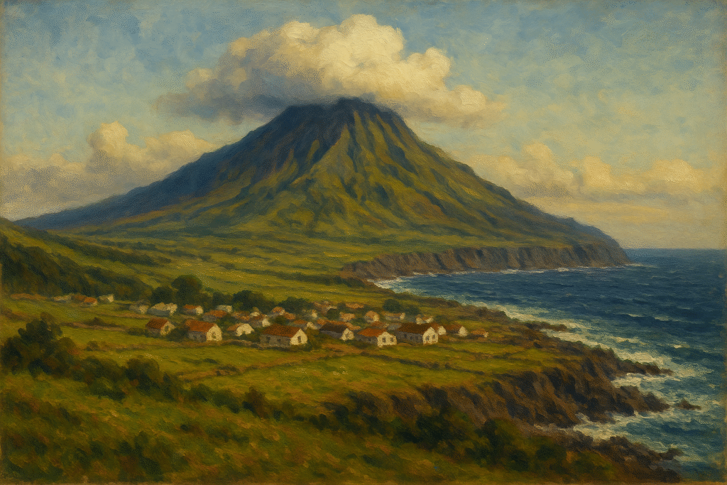 Oil painting of Tristan da Cunha with volcanic peak, lush fields, and ocean, symbolizing the world’s most remote inhabited island.