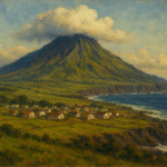 Oil painting of Tristan da Cunha with volcanic peak, lush fields, and ocean, symbolizing the world’s most remote inhabited island.