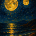 Oil painting of Earth’s night sky with two moons casting dual moonlight over a dramatic landscape.