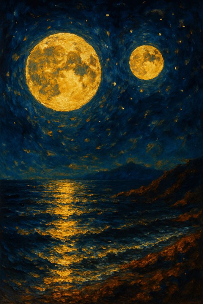 Oil painting of Earth’s night sky with two moons casting dual moonlight over a dramatic landscape.