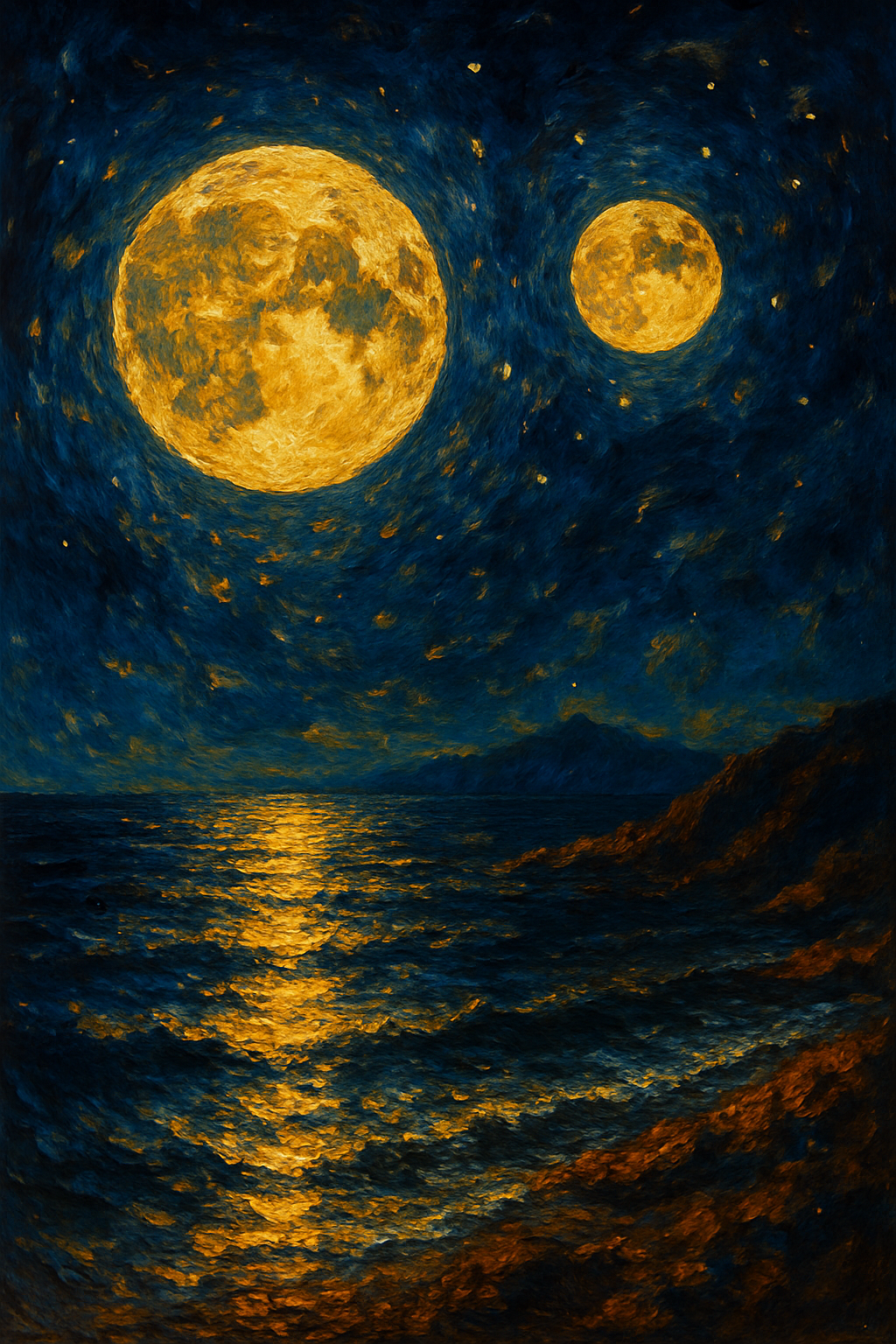 Oil painting of Earth’s night sky with two moons casting dual moonlight over a dramatic landscape.