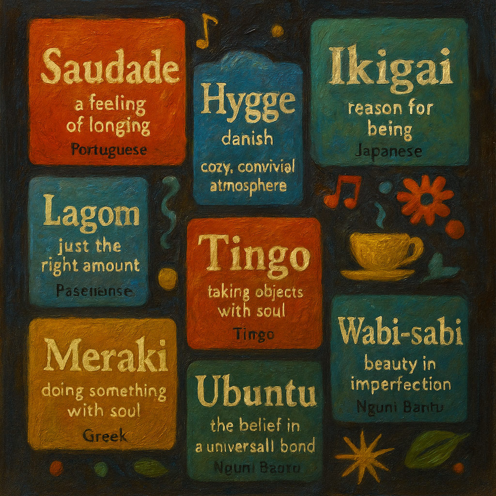 Oil painting of untranslatable words from different cultures, including saudade, hygge, ikigai, meraki, ubuntu, lagom, tingo, and wabi-sabi.