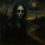 A haunting oil painting of a ghostly female figure in a dark, surreal landscape that evokes emotional intensity and psychological depth.
