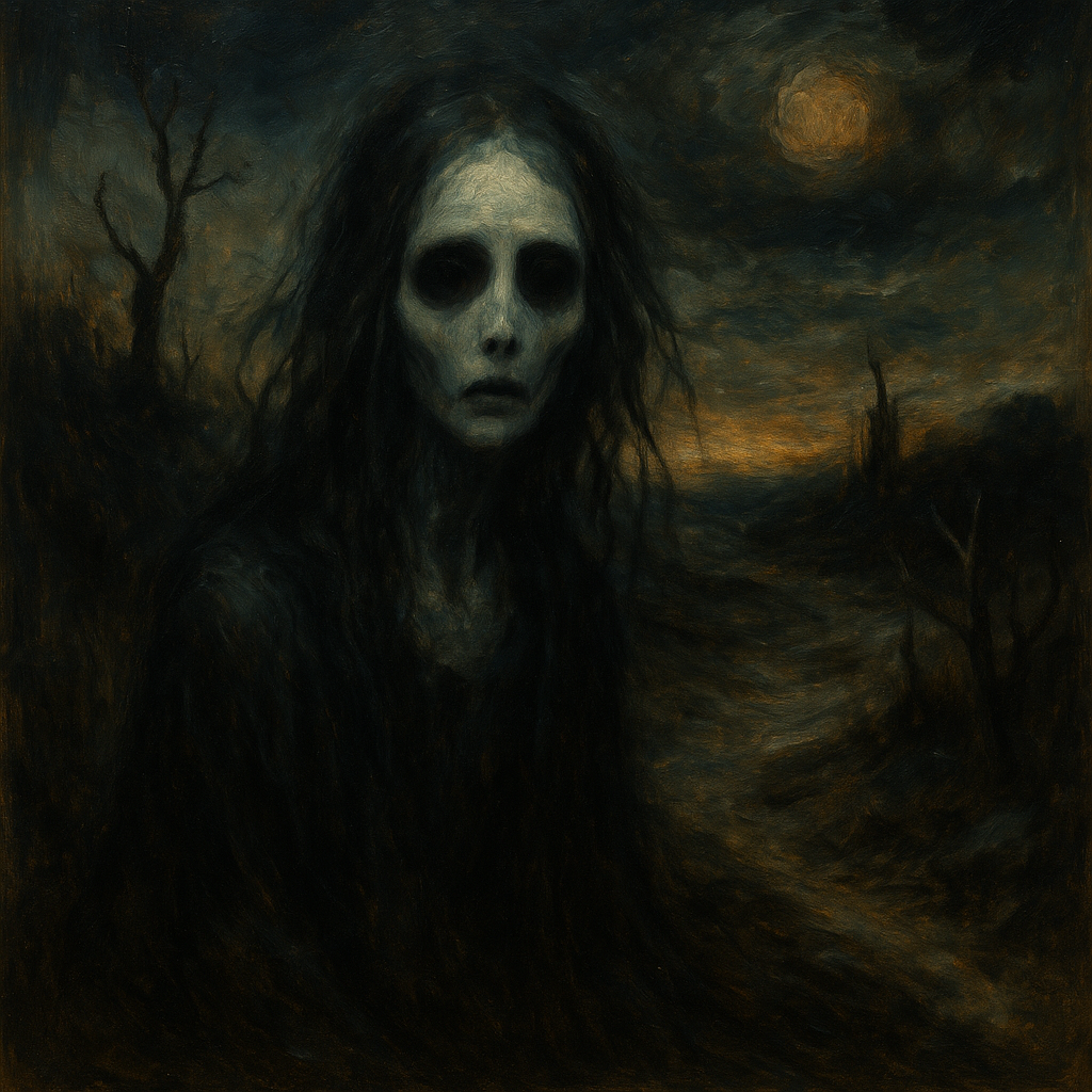 A haunting oil painting of a ghostly female figure in a dark, surreal landscape that evokes emotional intensity and psychological depth.