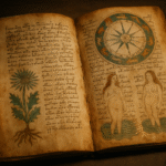 A mysterious open book resembling the Voynich Manuscript with strange symbols and botanical drawings on aged parchment.