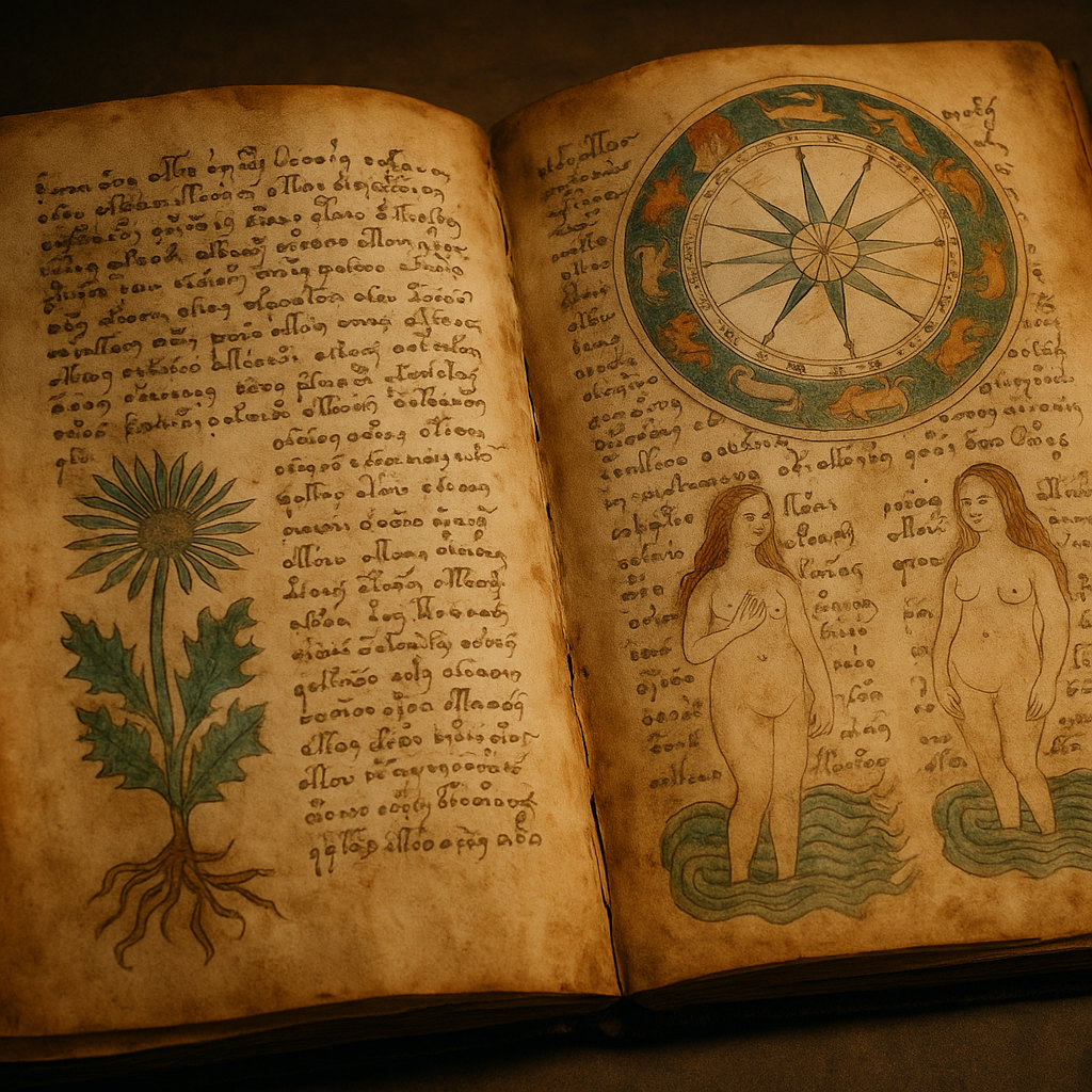 A mysterious open book resembling the Voynich Manuscript with strange symbols and botanical drawings on aged parchment.