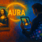 Oil painting blending realism and abstraction, showing the tension between traditional art and digital reproduction with symbolic imagery of aura, light, and fading authenticity.