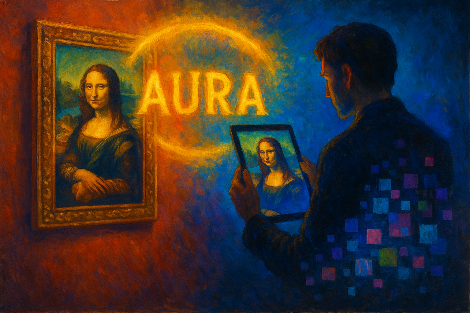 Oil painting blending realism and abstraction, showing the tension between traditional art and digital reproduction with symbolic imagery of aura, light, and fading authenticity.