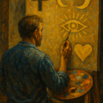 Oil painting of an artist painting symbolic shapes, including an eye, moon, cross, and heart, representing the use of symbols in art.