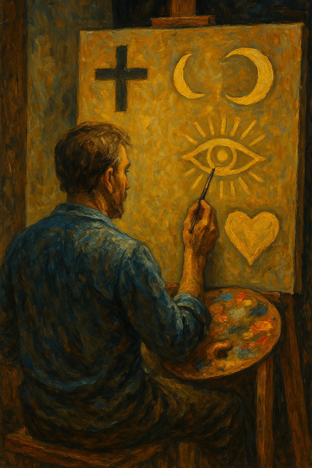 Oil painting of an artist painting symbolic shapes, including an eye, moon, cross, and heart, representing the use of symbols in art.