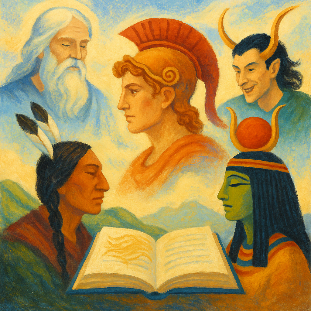 A bright oil painting-style illustration of mythological figures from Greek, Norse, African, and Native American traditions, symbolizing the timeless psychology and cultural relevance of ancient myths.