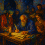 An oil painting-style interpretation of a world without the printing press, depicting medieval scholars isolated in dim candle-lit rooms, conveying limited access to knowledge.