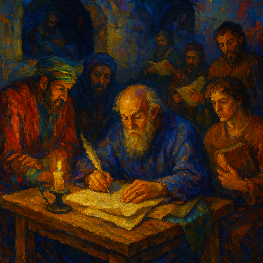 An oil painting-style interpretation of a world without the printing press, depicting medieval scholars isolated in dim candle-lit rooms, conveying limited access to knowledge.