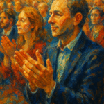 Artistic oil painting of people clapping hands together, symbolizing applause as a cultural ritual and universal human gesture of appreciation and unity.