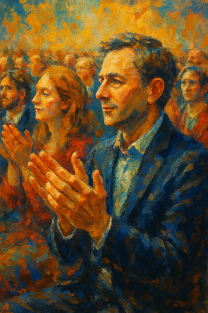 Artistic oil painting of people clapping hands together, symbolizing applause as a cultural ritual and universal human gesture of appreciation and unity.