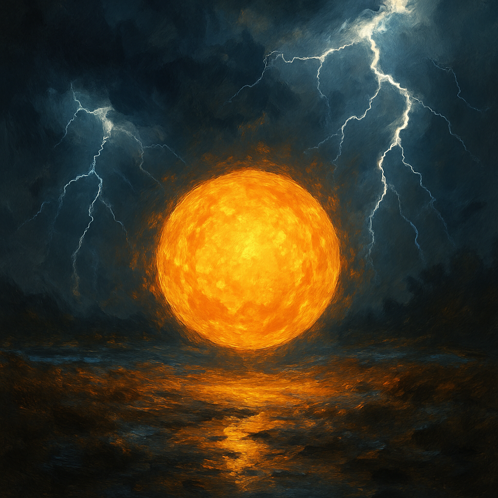 Digital painting of ball lightning, a mysterious glowing sphere appearing during a thunderstorm, representing one of nature’s unexplained phenomena.