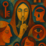 Artistic painting depicting the evolution of secrets through history, blending ancient rituals, political intrigue, and modern digital themes in a symbolic composition