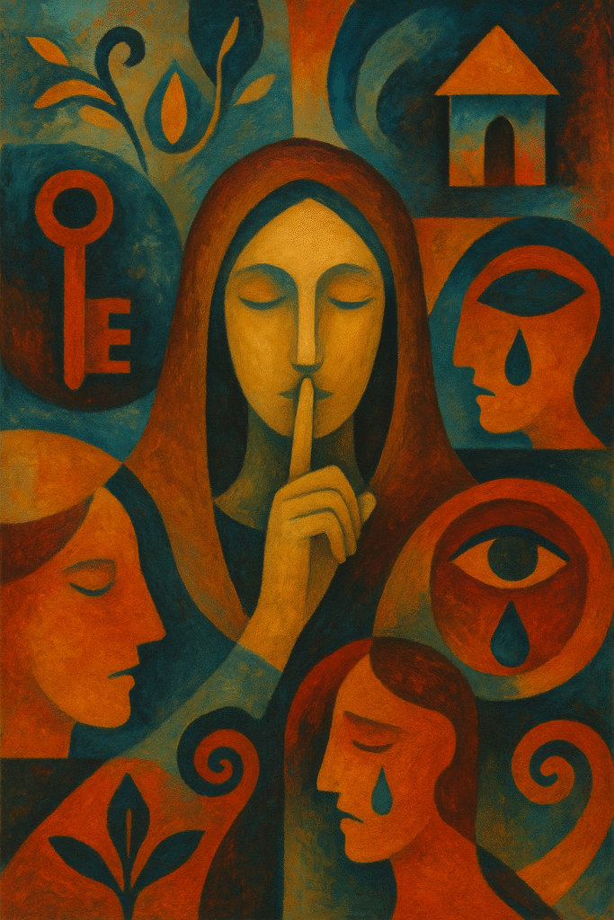 Artistic painting depicting the evolution of secrets through history, blending ancient rituals, political intrigue, and modern digital themes in a symbolic composition
