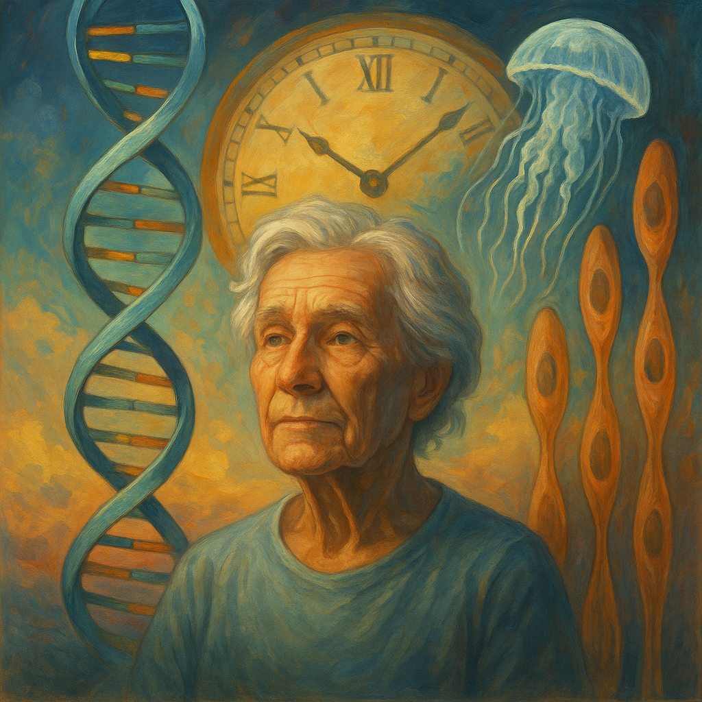 Artistic painting representing biological immortality with human figures, DNA strands, and natural elements symbolizing eternal life and longevity research.