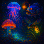 Colorful illustration of bioluminescent creatures in nature, featuring glowing jellyfish, deep-sea fish, fungi, and fireflies, showcasing how living organisms produce light in marine and terrestrial ecosystems.