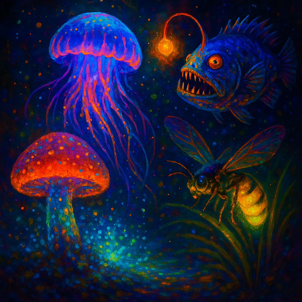 Colorful illustration of bioluminescent creatures in nature, featuring glowing jellyfish, deep-sea fish, fungi, and fireflies, showcasing how living organisms produce light in marine and terrestrial ecosystems.