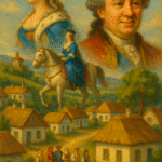 A traditional oil painting of Catherine the Great and Grigory Potemkin in 18th-century Russia, with stylized depictions of grand villages along the Dniester River symbolizing the Potemkin Villages myth.