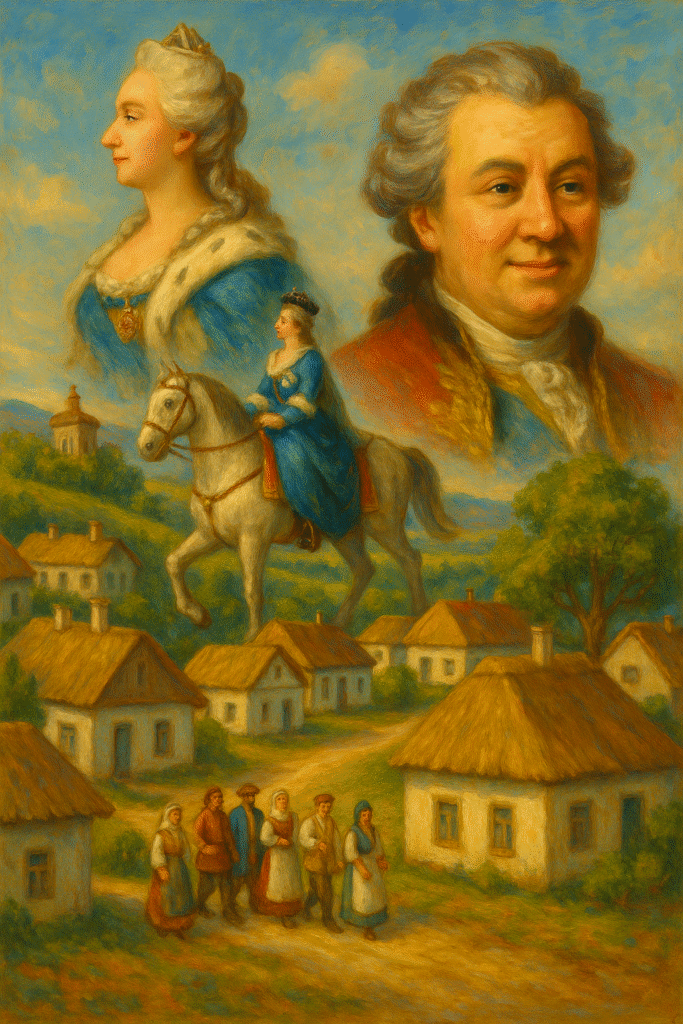 A traditional oil painting of Catherine the Great and Grigory Potemkin in 18th-century Russia, with stylized depictions of grand villages along the Dniester River symbolizing the Potemkin Villages myth.