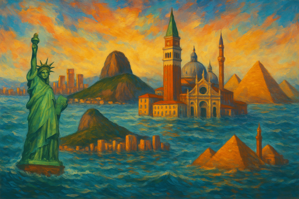 A dramatic painting of a flooded coastal city skyline with rising seas and storm clouds, symbolizing urban areas threatened by climate change and sea-level rise by 2100.