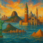 A dramatic painting of a flooded coastal city skyline with rising seas and storm clouds, symbolizing urban areas threatened by climate change and sea-level rise by 2100.