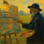 Impressionist oil painting of Claude Monet in his Giverny garden, symbolizing how cataracts influenced his style and artistic evolution.