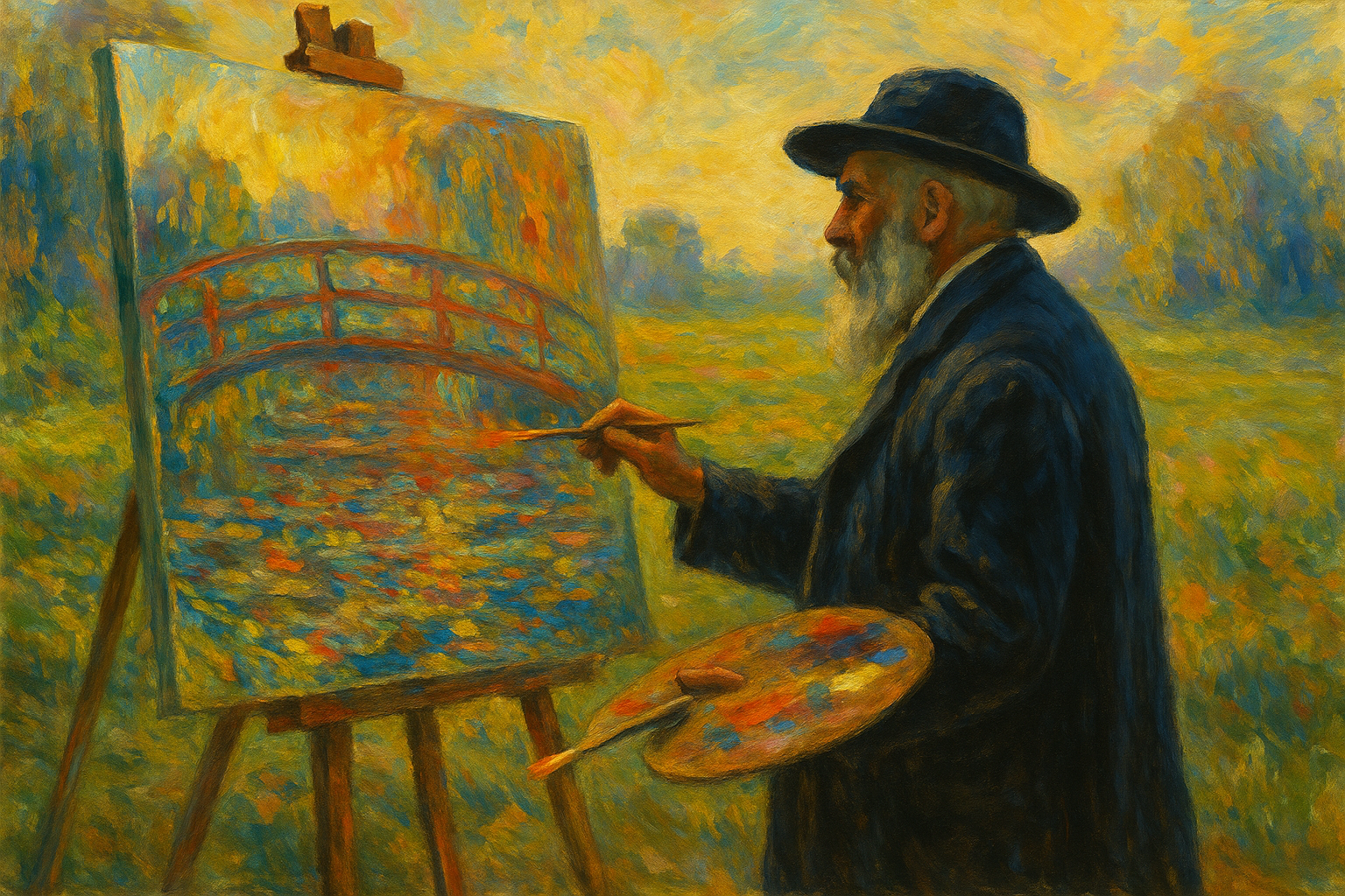 Impressionist oil painting of Claude Monet in his Giverny garden, symbolizing how cataracts influenced his style and artistic evolution.