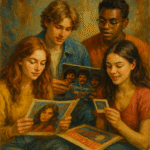 Oil painting of young adults blending vintage and modern styles, representing cultural recycling and the revival of past trends across generations.