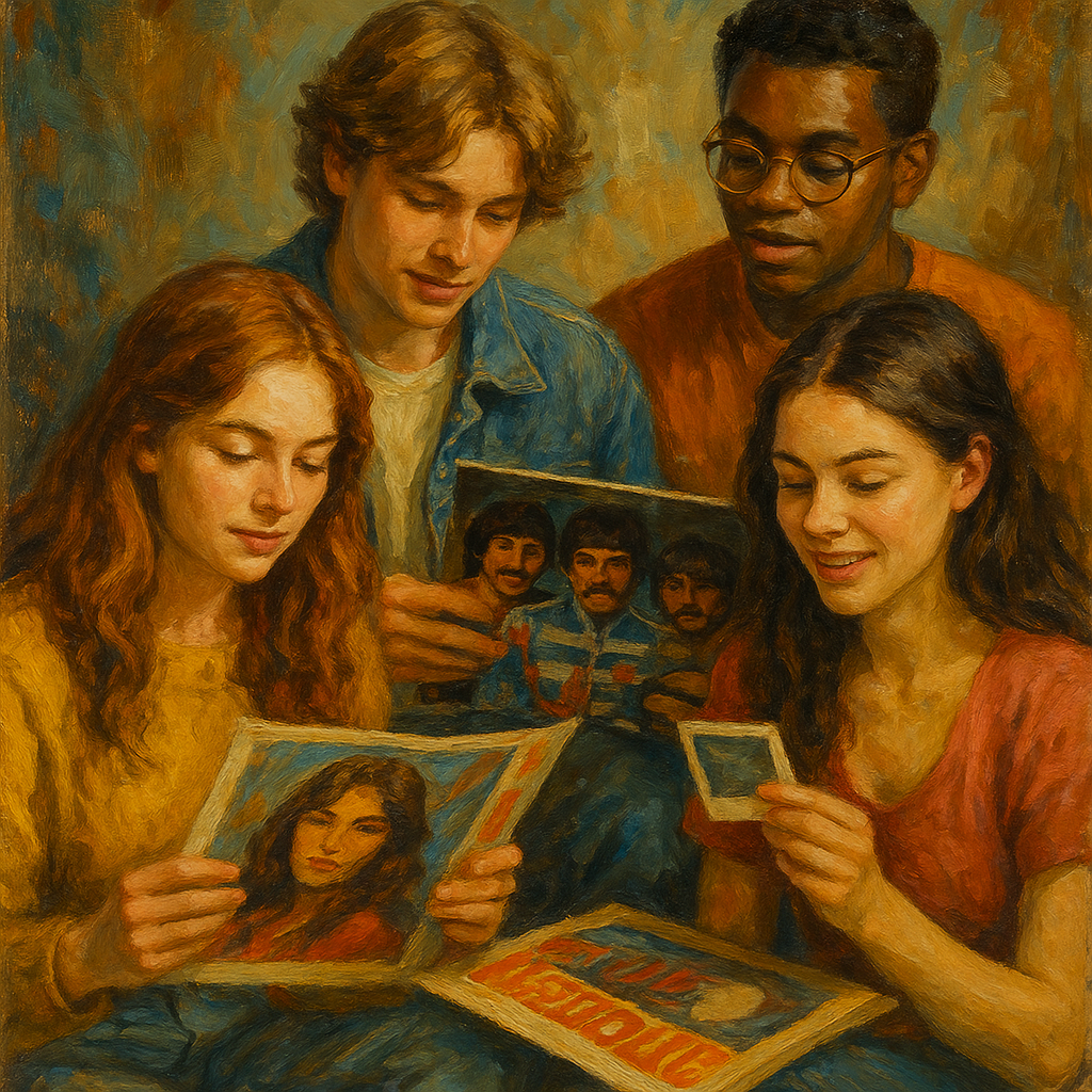 Oil painting of young adults blending vintage and modern styles, representing cultural recycling and the revival of past trends across generations.