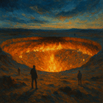 Oil painting of the Door to Hell in Turkmenistan, showing the burning Darvaza Gas Crater glowing with flames in the Karakum Desert at night.