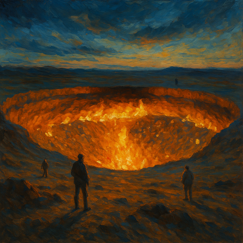 Oil painting of the Door to Hell in Turkmenistan, showing the burning Darvaza Gas Crater glowing with flames in the Karakum Desert at night.