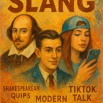 Oil painting-style illustration showing Shakespeare, a young man in a suit, and a modern girl with a phone, symbolizing the evolution of slang from Shakespearean times to modern TikTok slang.